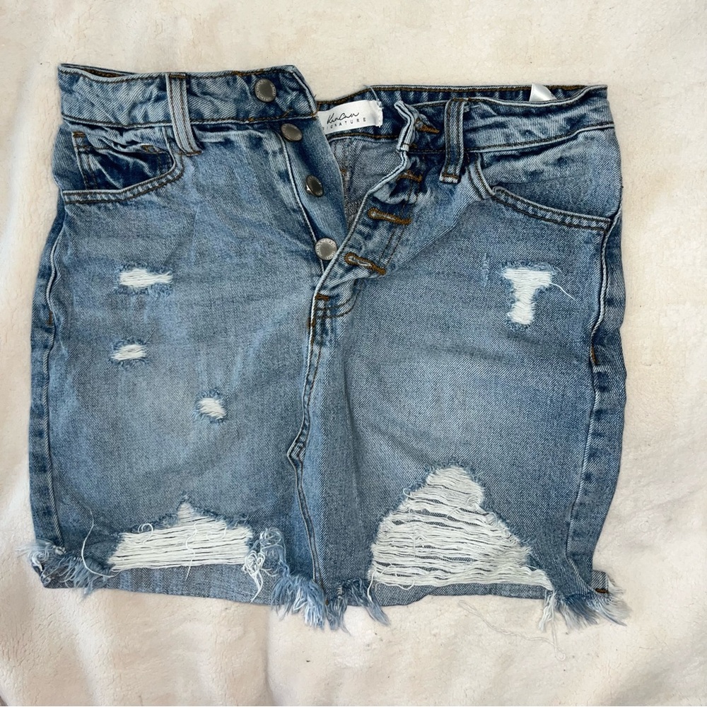 Denim skirt distressed button fly